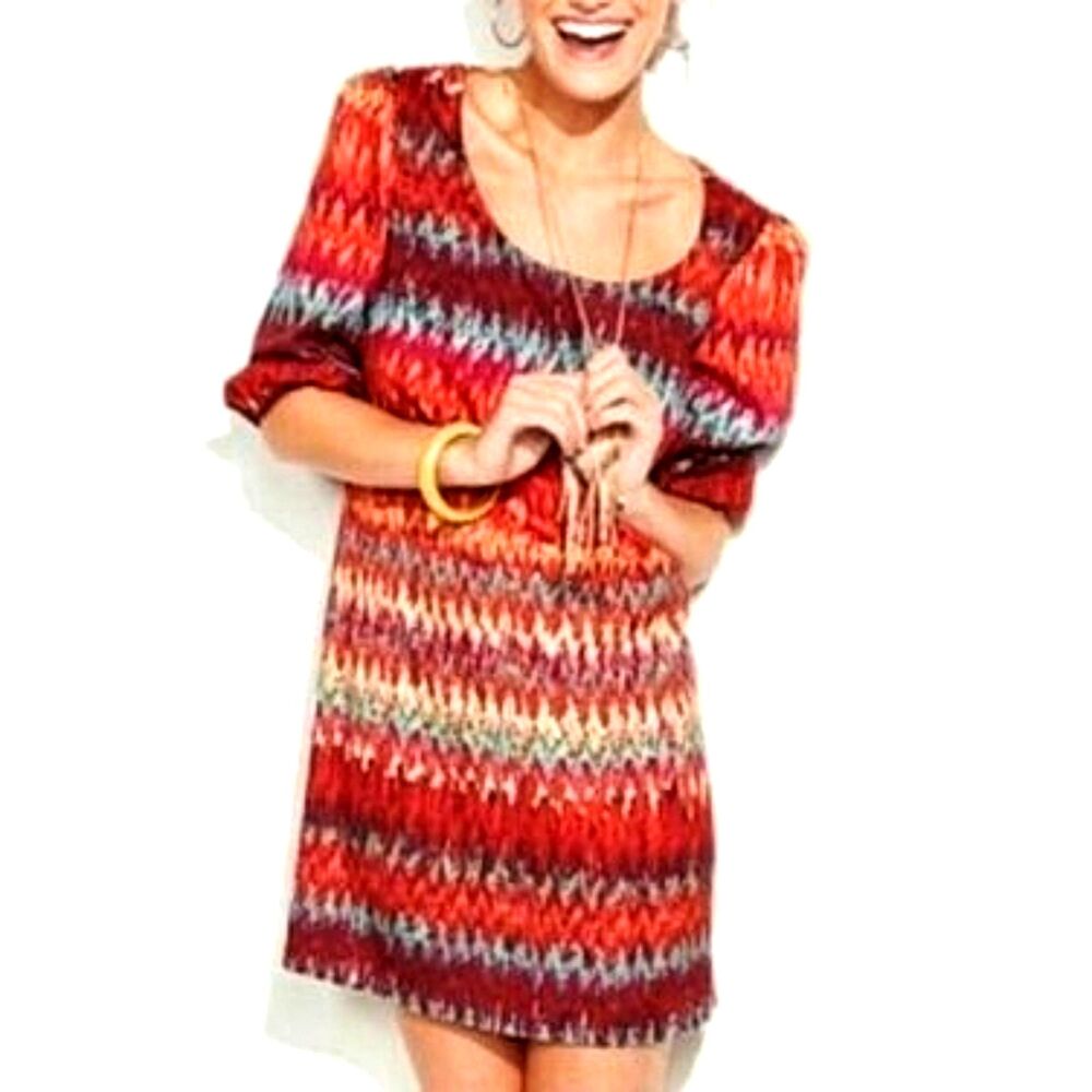 Lily Rose Cut Out Bow Back Fully Lined Burgundy /Rust/Teal Print Minidress Sz. M
